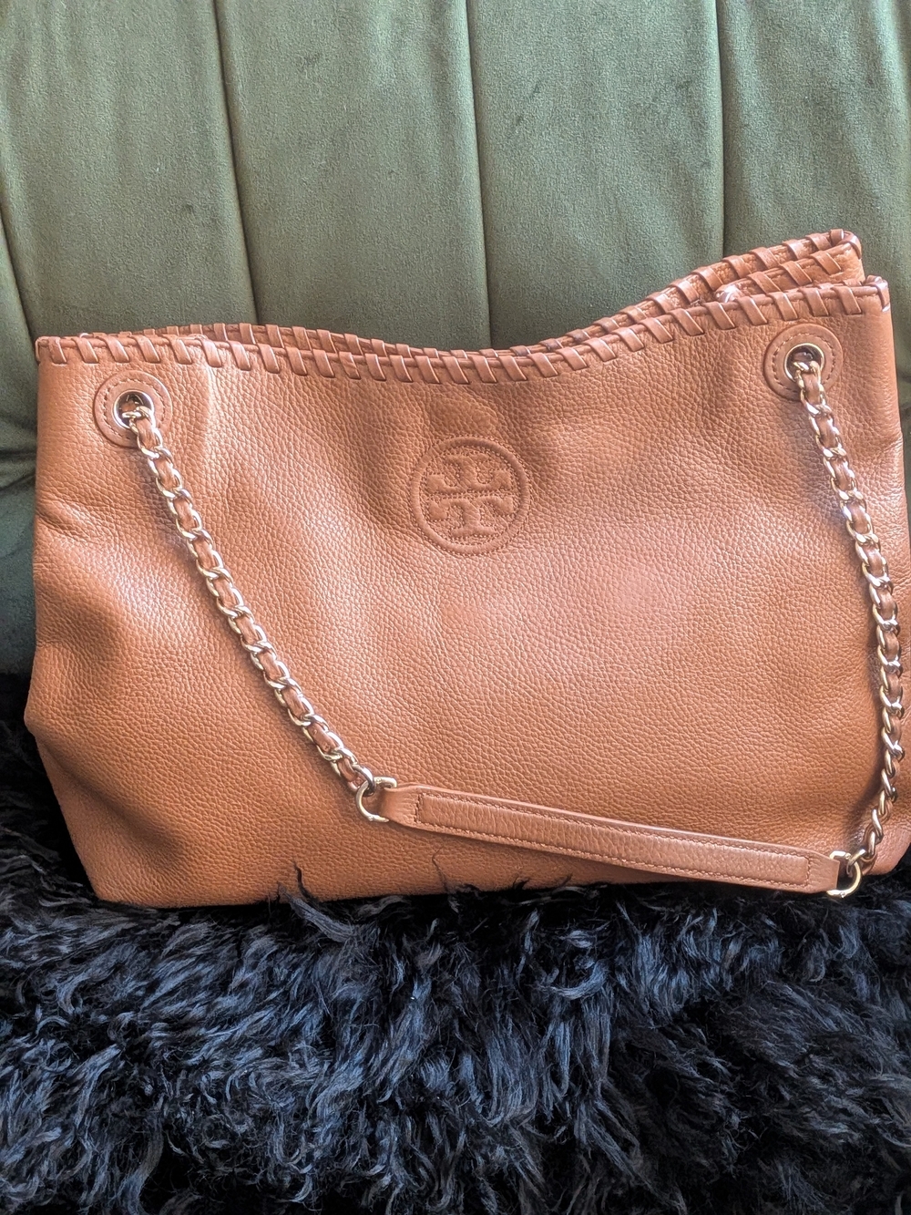 Tory Burch Marion Leather Chain Slouchy Shoulder Tote Bag โ Tan/Bark